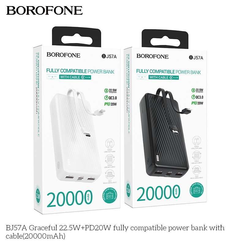 Pin sạc nhanh 22.5w BOROFONE BJ57A 20.000mAh QC3.0+PD 22.5W kèm cáp liền pin chính hãng [BH 1 năm]