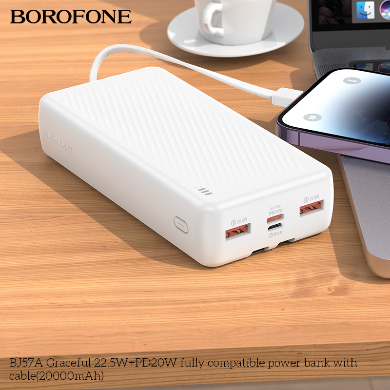 Pin sạc nhanh 22.5w BOROFONE BJ57A 20.000mAh QC3.0+PD 22.5W kèm cáp liền pin chính hãng [BH 1 năm]