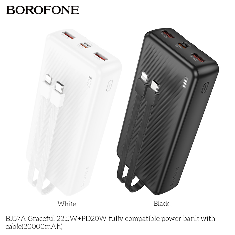 Pin sạc nhanh 22.5w BOROFONE BJ57A 20.000mAh QC3.0+PD 22.5W kèm cáp liền pin chính hãng [BH 1 năm]
