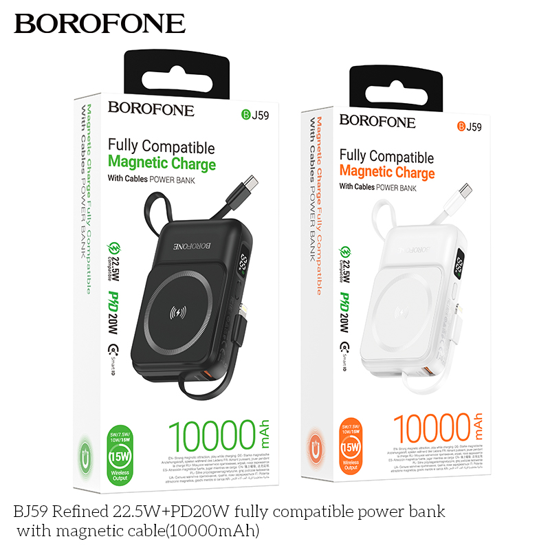 Pin sạc dự phòng BOROFONE BJ59 có màn LCD sạc không dây từ tính kèm 2 cáp Iphone Type C chính hãng [Bh 1 Năm]