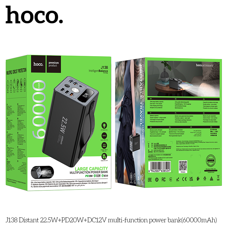 Pin sạc nhanh 22.5W Hoco J138, 60.000mAh có màn hình hiển thị %pin, chức năng đèn pin, có quai cầm tiện lợi [BH: 1 NĂM]