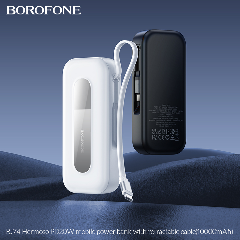 Pin sạc nhanh 20w Borofone BJ74 10.000mAh dự phòng kèm cáp sạc liền pin dây rút PD20W BH 1 năm