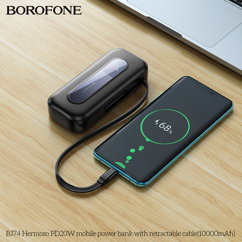 Pin sạc nhanh 20w Borofone BJ74 10.000mAh dự phòng kèm cáp sạc liền pin dây rút PD20W BH 1 năm