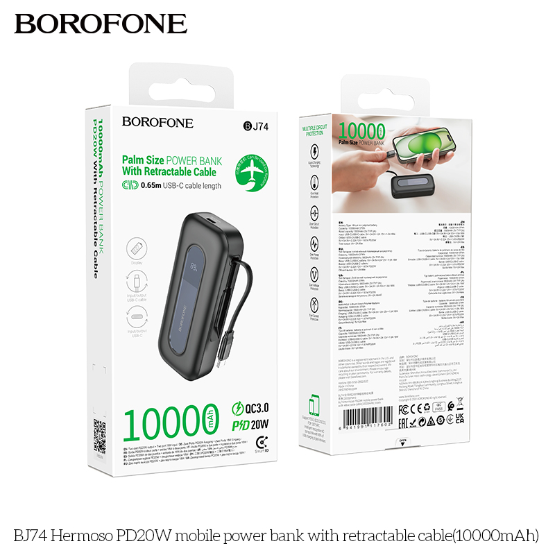 Pin sạc nhanh 20w Borofone BJ74 10.000mAh dự phòng kèm cáp sạc liền pin dây rút PD20W BH 1 năm