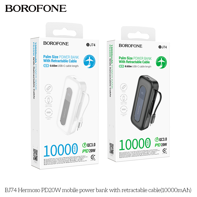 Pin sạc nhanh 20w Borofone BJ74 10.000mAh dự phòng kèm cáp sạc liền pin dây rút PD20W BH 1 năm