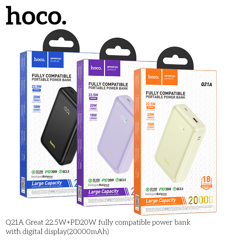 Pin sạc dự phòng sạc nhanh HOCO Q21A 20.000mAh 22.5W+PD20W, có màn hình led chính hãng [BH 1 NĂM]
