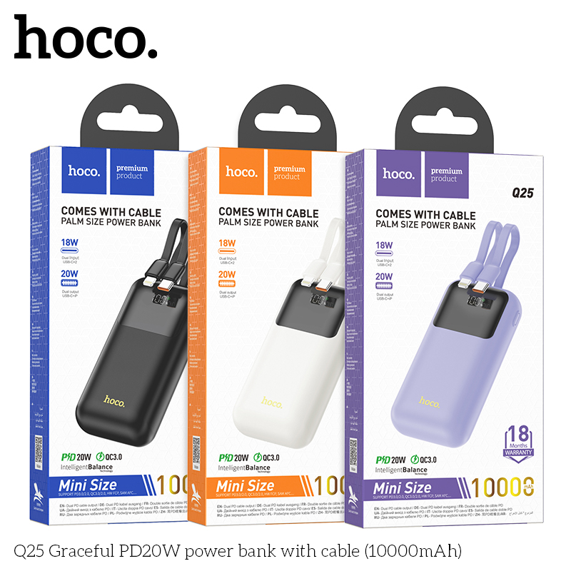 Pin sạc nhanh 20w HOCO Q25 10.000mAh dự phòng PD20W có màn hình KÈM 2 DÂY sạc liền thân chính hãng [BH: 1 NĂM]