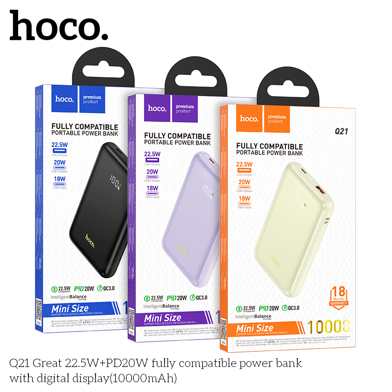 Pin sạc nhanh 22.5w HOCO Q21 10.000mAh dự phòng 22.5W+PD20W, có màn hình led chính hãng [BH 1 NĂM]