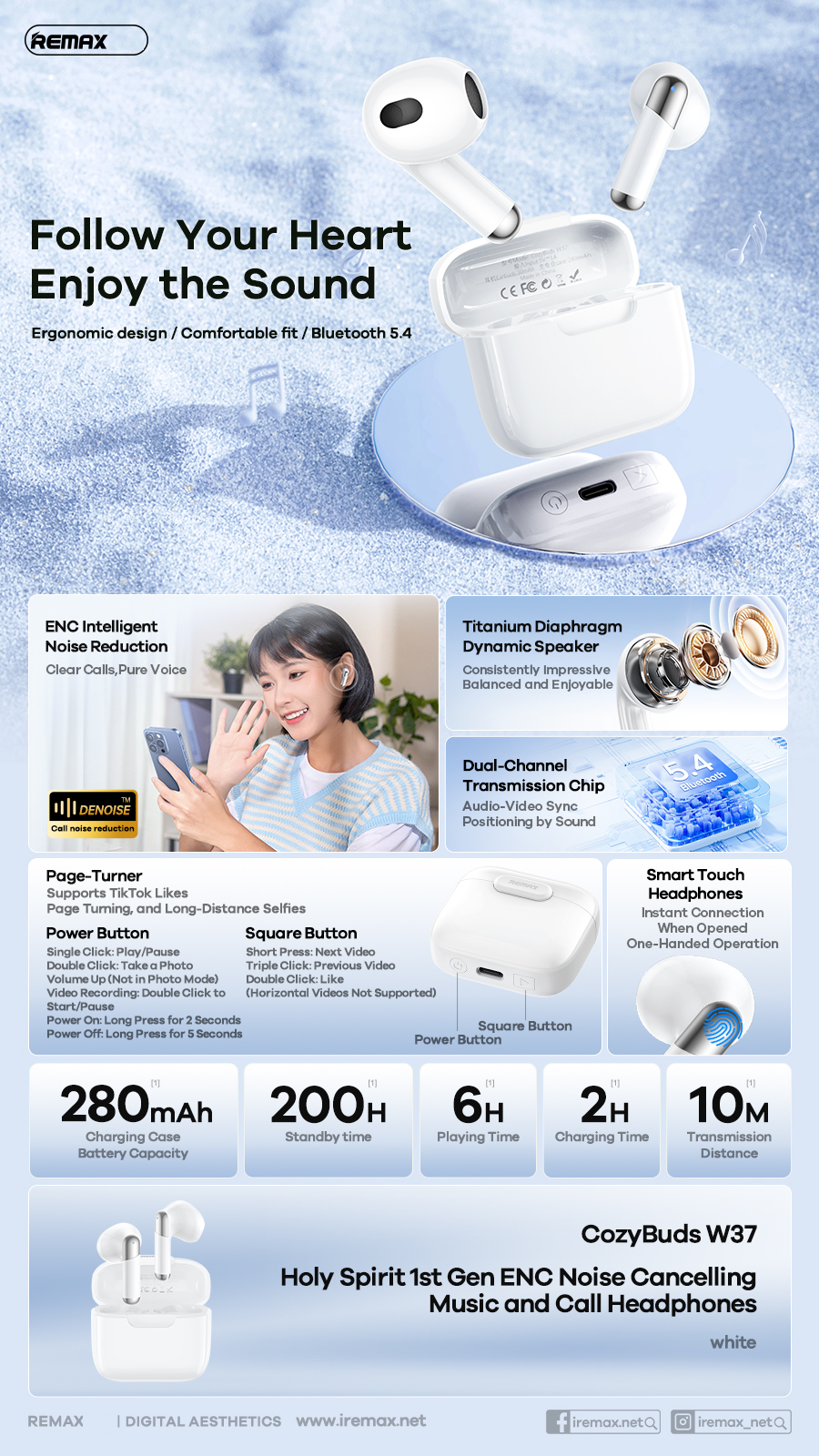 Tai nghe bluetooth REMAX Cozybuds W37 True Wireless V5.4 kiểu dáng airpods chính hãng [BH: 1 năm]