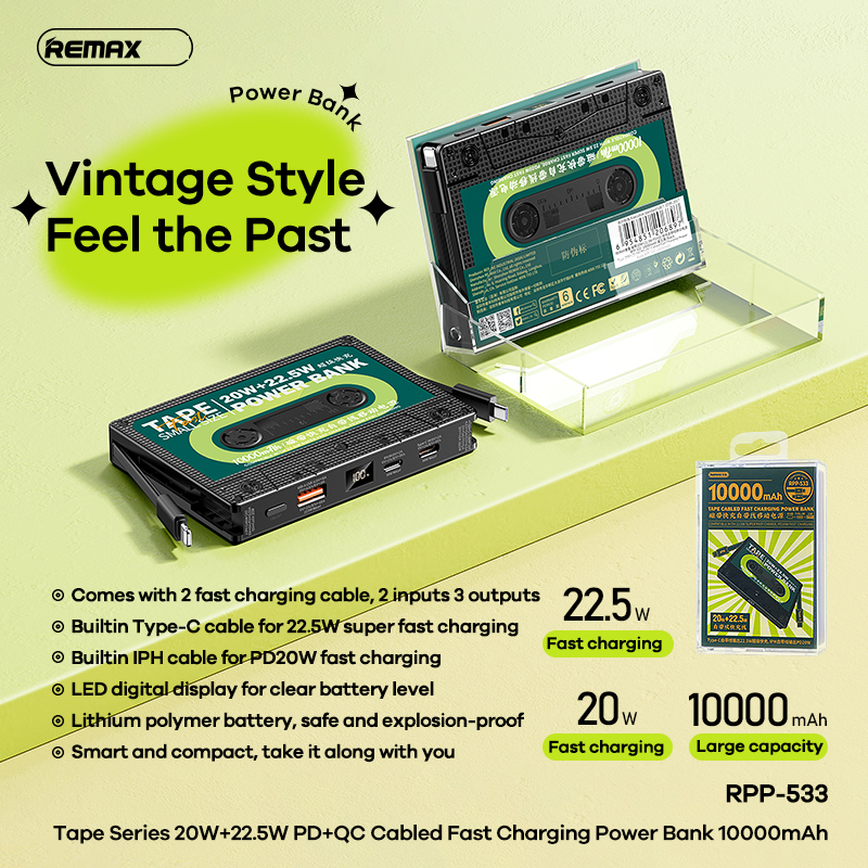 Pin sạc dự phòng REMAX RPP-533 10.000mAh kiểu băng cassette kèm 2 cáp Type C Iphone chính hãng [BH 1 Năm]
