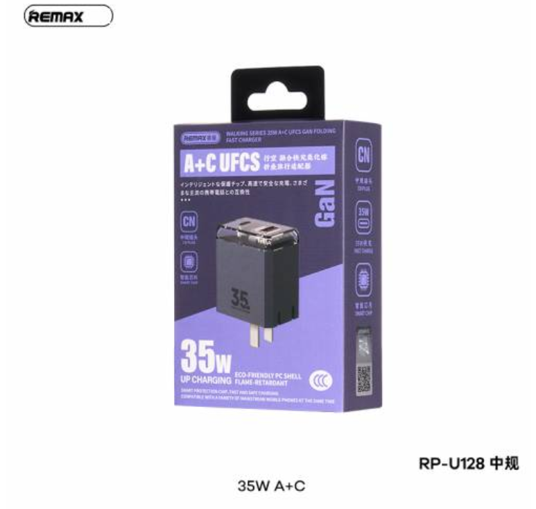 Cóc sạc nhanh 35W Remax RP-U128 CN GaN C+A (1 cổng type-c vs 1 cổng usb) PD QC3.0 chính hãng [BH 1 Năm]