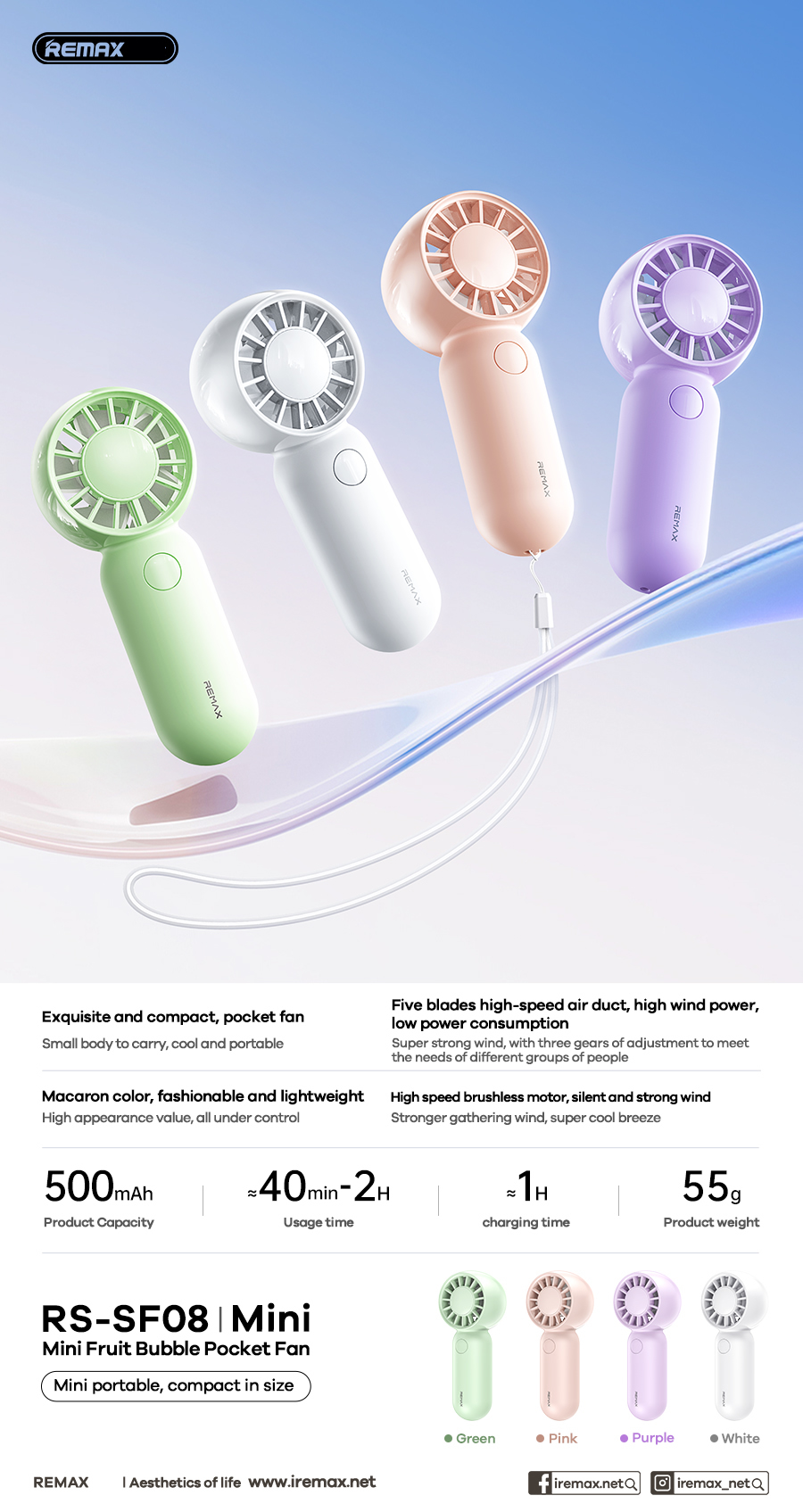 Quạt tích điện cầm tay mini REMAX RS-SF08 pin 500mAh có móc treo siêu dễ thương
