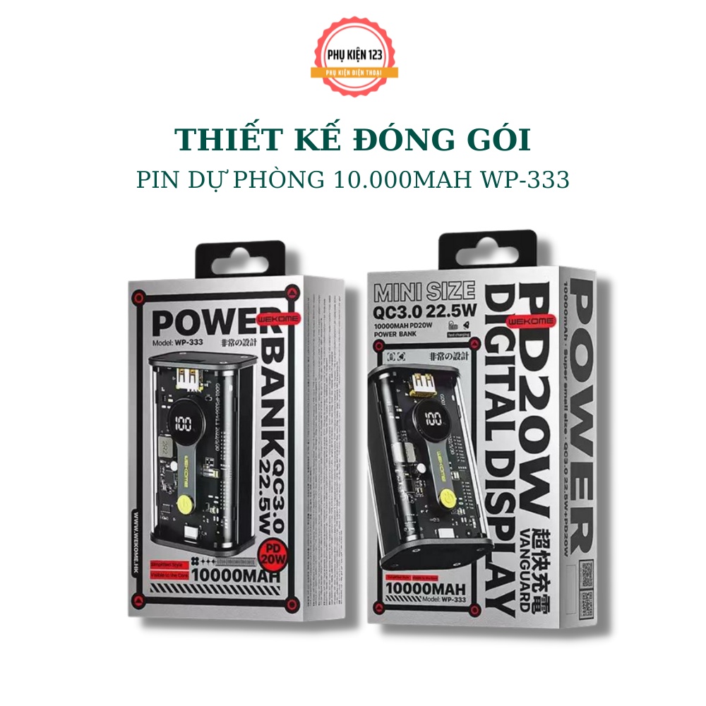 Pin sạc nhanh 22.5w Wekome WP-333 10.000mAh trong suốt lộ mạch dự phòng chính hãng QC3.0+PD 22.5W [BH 1 Năm]