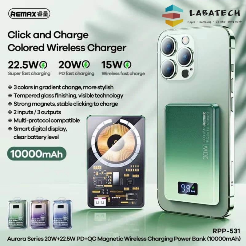 Pin sạc nhanh 22.5w KHÔNG DÂY Remax RPP-531 (hàng cũ 95% ko box) 10.000mAh PD QC3.0 sạc dự phòng chính hãng [BH 3 tháng]