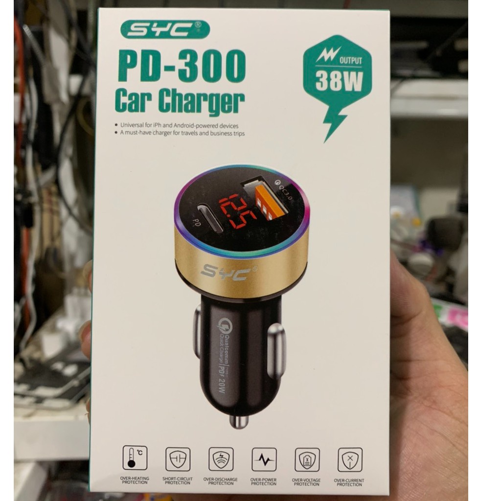Cóc sạc nhanh 120w xe hơi SYC PD300 1 cổng usb, 1 cổng type-c có màn hình hiển thị dòng chính hãng [BH 1 năm]
