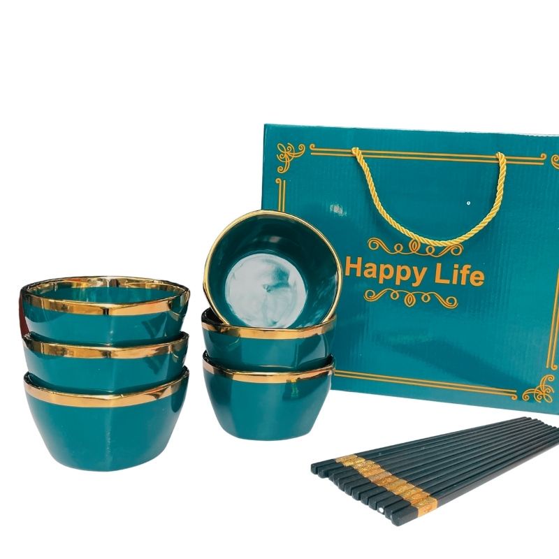 Hộp quà tặng HAPPY LIFE chén sứ đũa viền vàng siêu sang trọng- MÀU SẮC TÙY LÔ [BH: NONE] 1l1a12