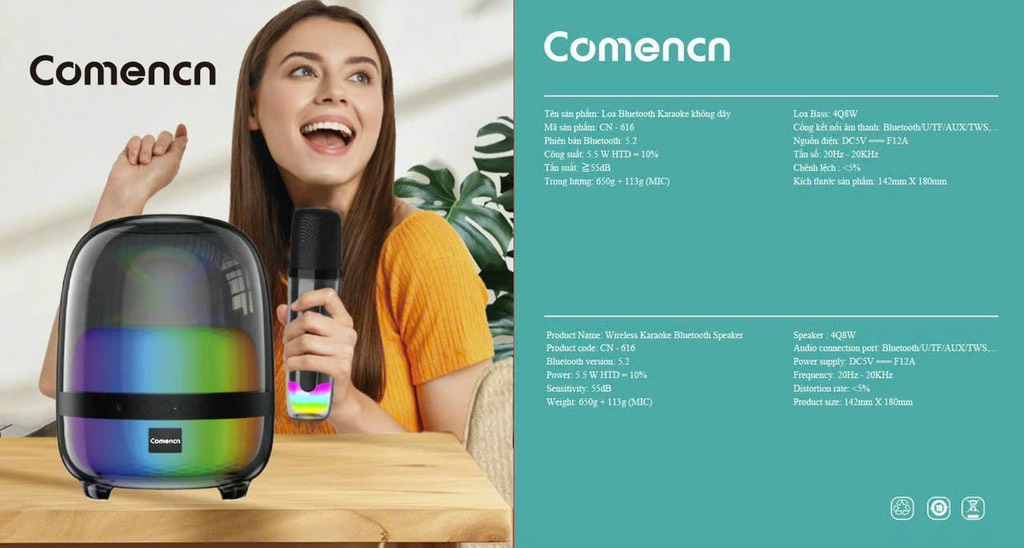 Loa bluetooth karaoke COMENCN CN-616 kèm 2 micro không dây hát karaoke có đèn led [BH 6 tháng]
