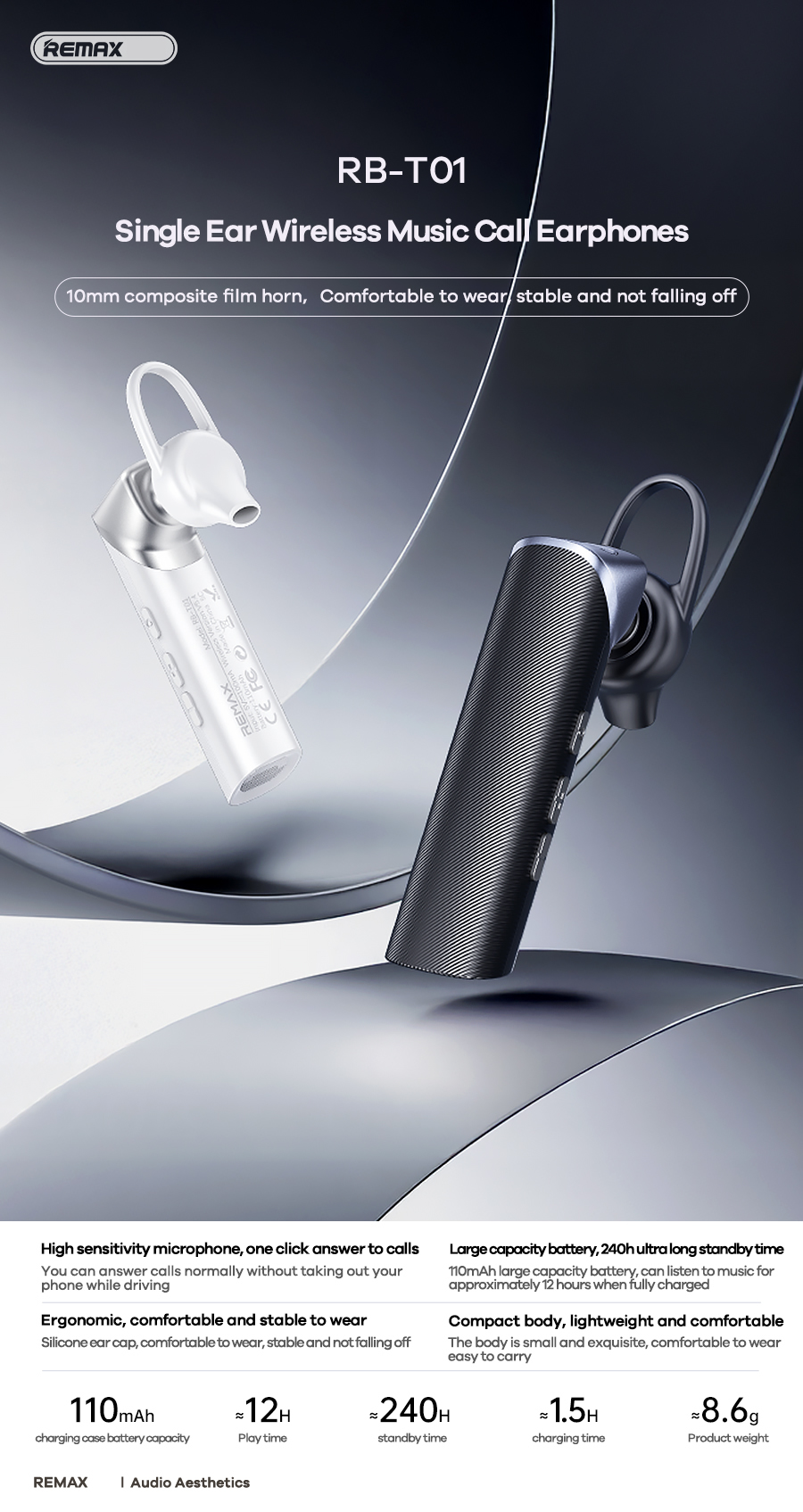 Tai nghe bluetooth REMAX RB-T01 mẫu 1 bên tai pin 110mAh siêu trâu kèm bluetooth V5.4 chính hãng [BH 1 Năm]