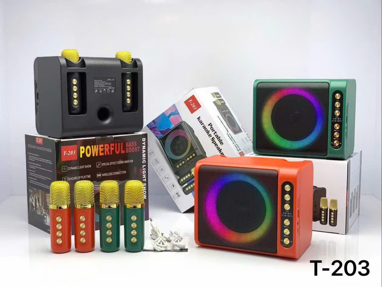 Loa bluetooth karaoke T-203 mẫu loa vuông có đèn led kèm 2 micro siêu hay