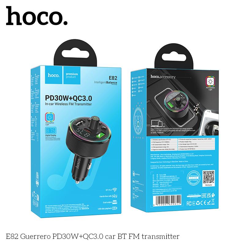 Cóc sạc nhanh 30w xe hơi HOCO E82 phát FM Bluetooth, led RGB, tẩu 1 cổng Type C, 2 cổng USB chính hãng [BH 1 năm]