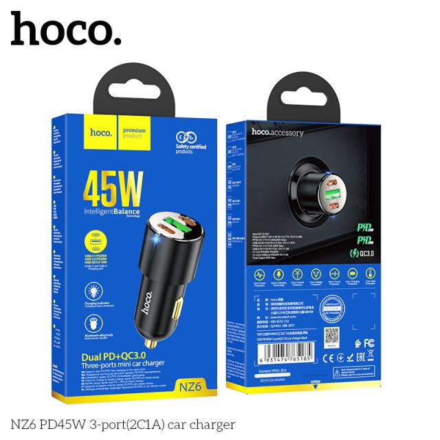 Cóc sạc nhanh xe hơi 45w HOCO NZ6 (1 cổng usb, 2 cổng type-c) chính hãng [BH 1 năm]