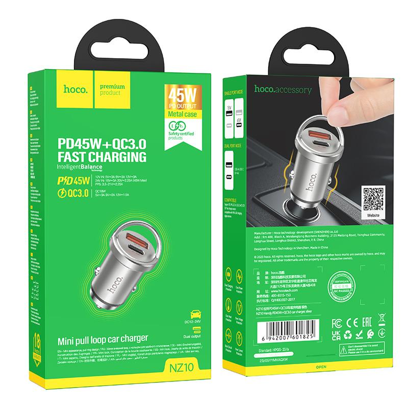 Cóc sạc nhanh xe hơi 45w HOCO NZ10 (1 cổng usb, 1cổng type-c) chính hãng [BH 1 năm]