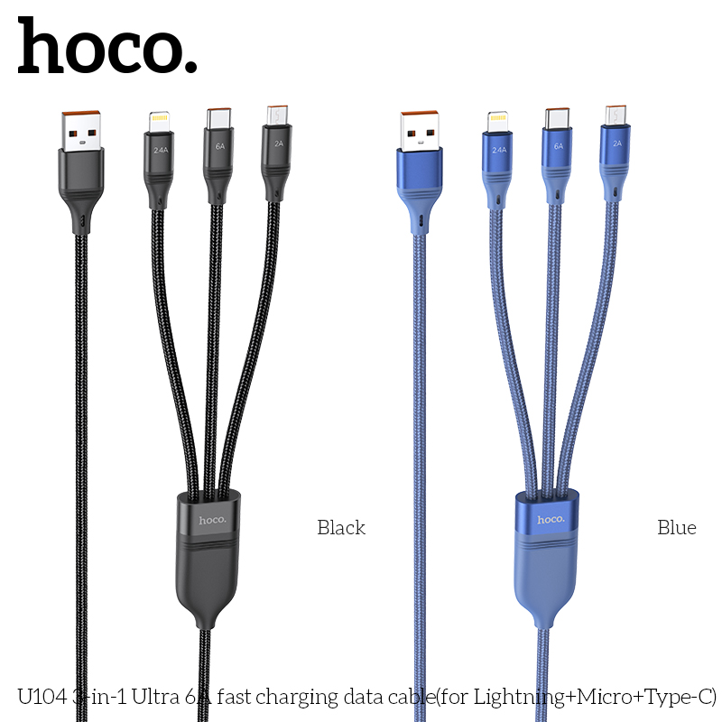 Cáp sạc nhanh 66w 3 đầu HOCO U104 Qc3.0 1.2m đa năng chính hãng (usb ra iPhone Lightning, Samsung Micro, Type C) [BH 1 năm]