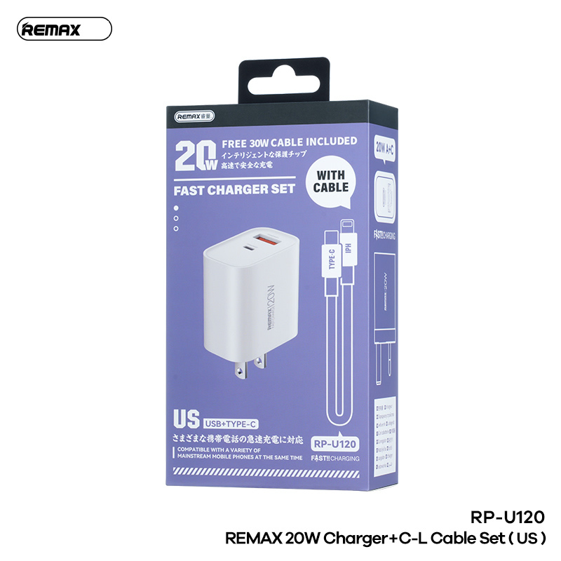 Bộ sạc nhanh 20w Remax RP-U120 (C-L US) cóc 1 cổng type c vs 1 cổng usb kèm cáp c-l (type c ra iphone) chính hãng [BH 1 Năm]