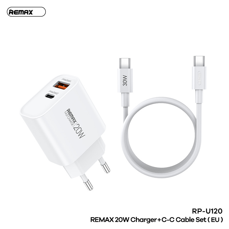 Bộ sạc nhanh 20w Remax RP-U120 EU (C-C) cóc 1 cổng typec vs 1 cổng usb kèm cáp 2 đầu typec chính hãng [BH 1 Năm]
