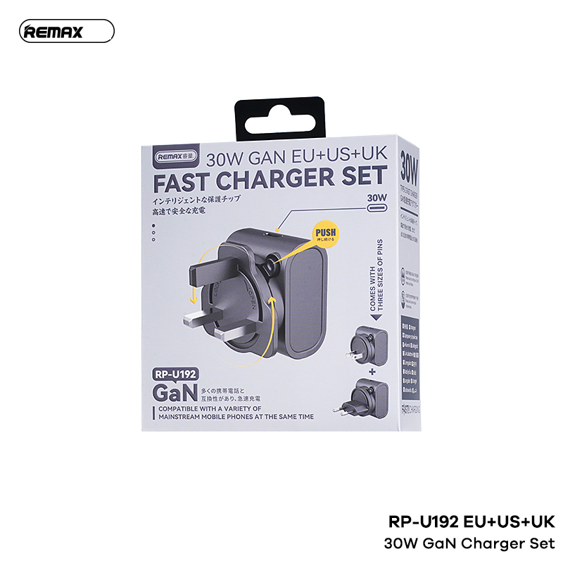 Cóc sạc nhanh 30w Remax RP-U192 1 cổng type C kèm 3 chân US/EU/AU hỗ trợ du lịch chính hãng [BH 1 Năm]