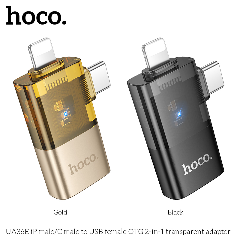 Bộ chuyển đổi HOCO UA36E 2in1 OTG Type C đực/ Iphone Đực sang USB cái mẫu trong suốt siêu đẹp