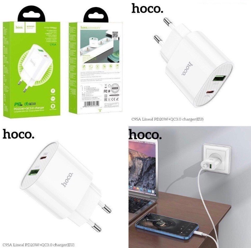 Cóc sạc nhanh 20w HOCO C95A Lineal (1C 1U: 1 cổng type-c PD vs 1 cổng usb QC3.0) chính hãng [BH 1 năm]