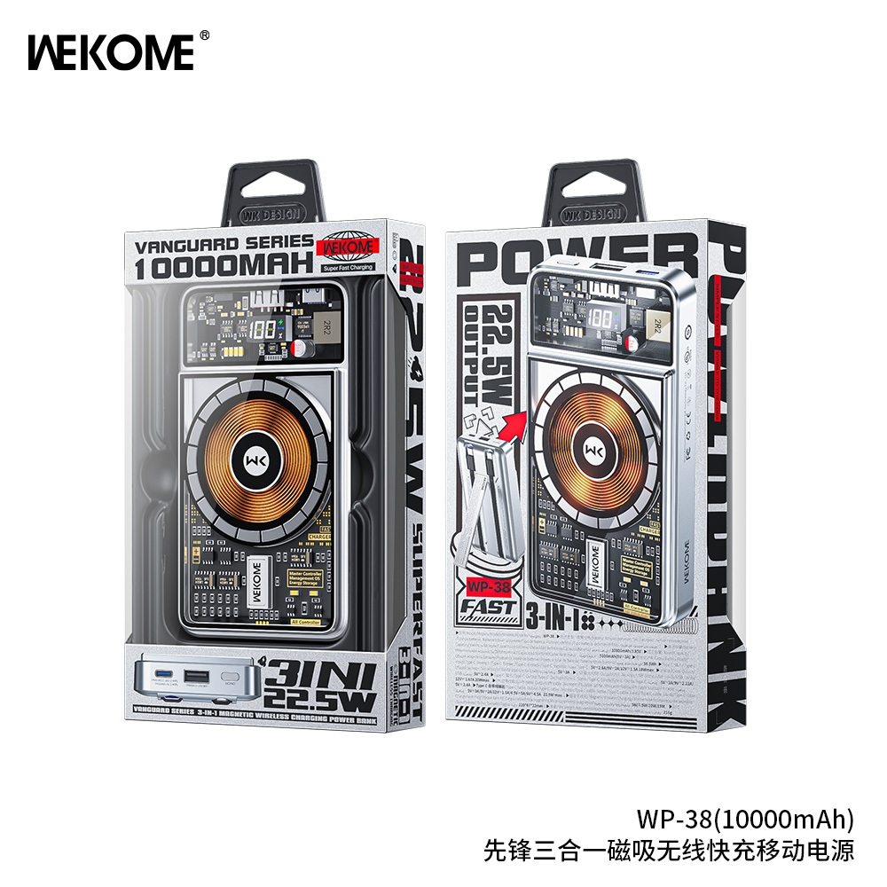 Pin Sạc dự phòng 22.5W không dây Wekome WP-38 dung lượng 10.000mAh 3in1 kèm dây, trong suốt, có màn hình hiển thị % pin [BH: 6 THÁNG]
