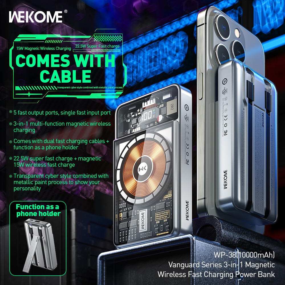 Pin Sạc dự phòng 22.5W không dây Wekome WP-38 dung lượng 10.000mAh 3in1 kèm dây, trong suốt, có màn hình hiển thị % pin [BH: 6 THÁNG]
