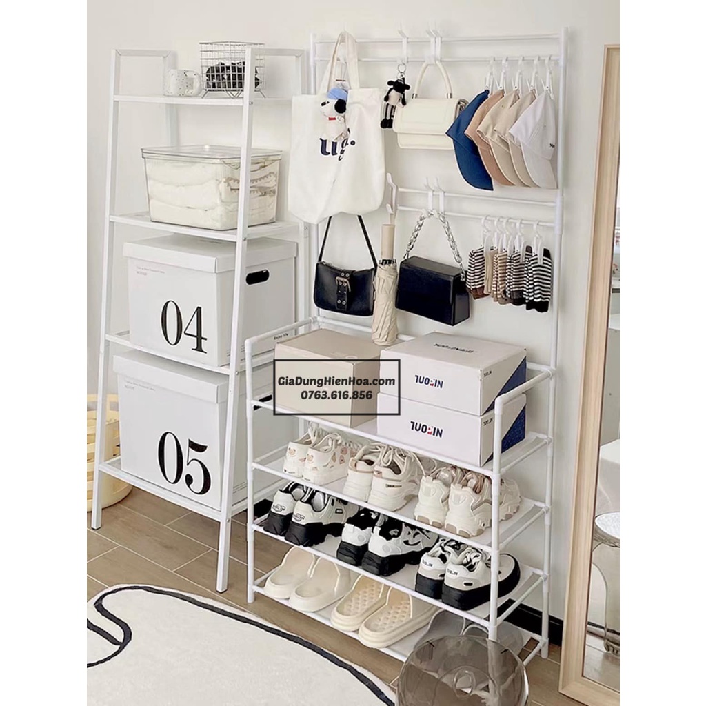 Kệ giày dép 4 tầng FLOOR COAT RACK kết hợp khung treo quần áo, túi xác, móc chìa khoá [BH: NONE]