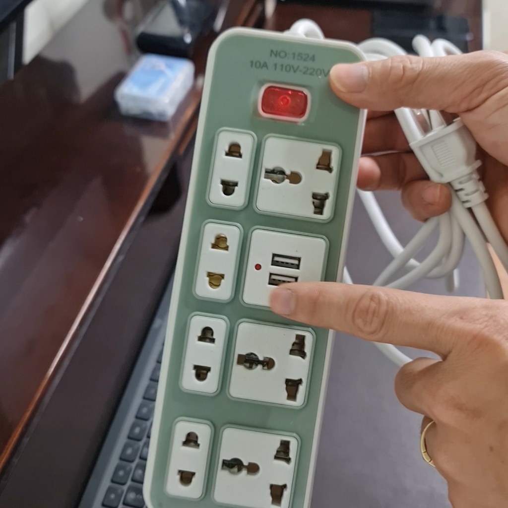 Ổ cắm điện đa năng NO.1524 2 cổng usb + 4 ổ 2 chấu + 3 ổ 3 chấu (295cm)- ổ cắm xám [BH 1 tuần] [BH 1 tuần]