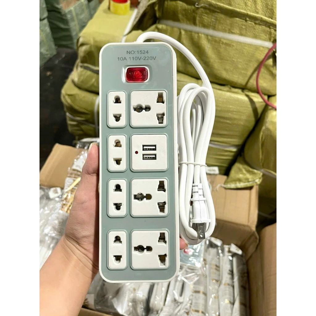 Ổ cắm điện đa năng NO.1524 2 cổng usb + 4 ổ 2 chấu + 3 ổ 3 chấu (295cm)- ổ cắm xám [BH 1 tuần] [BH 1 tuần]