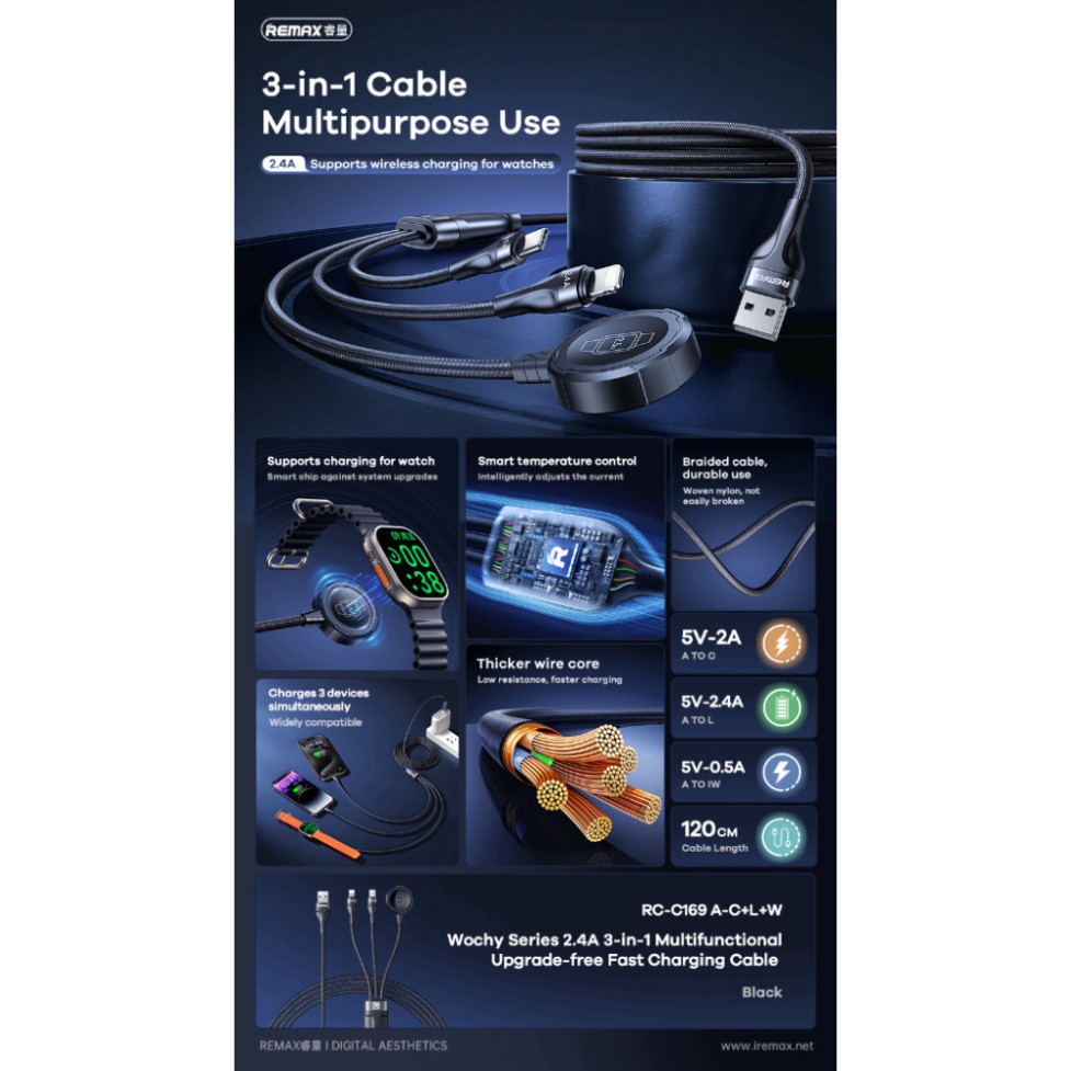 Cáp sạc nhanh 3 đầu đa năng Remax RC-C169 USB to Type-C + IP + Apple Watch 1.2M chính hãng [BH 1 NĂM]