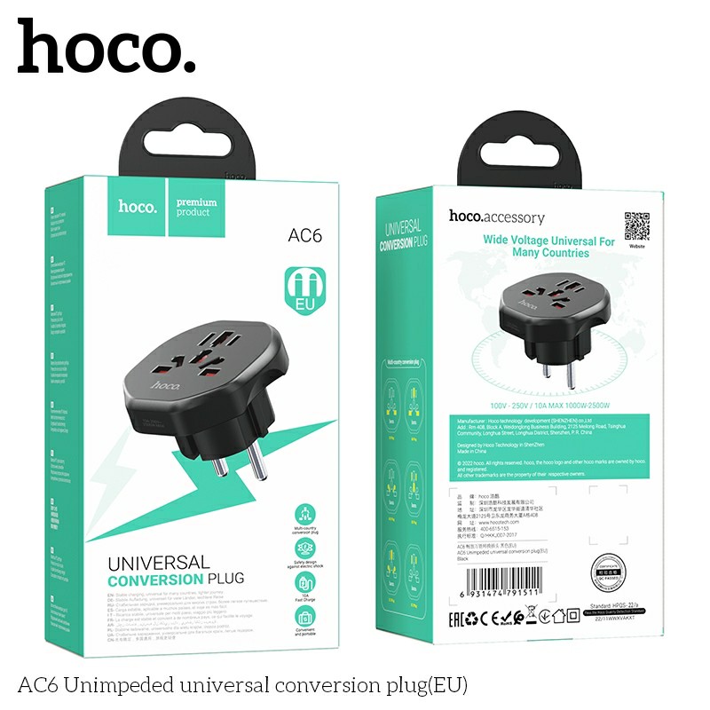 Phích cắm điện đa năng HOCO AC6 chân tròn nhỏ dọn tiện lợi mang theo du lịch