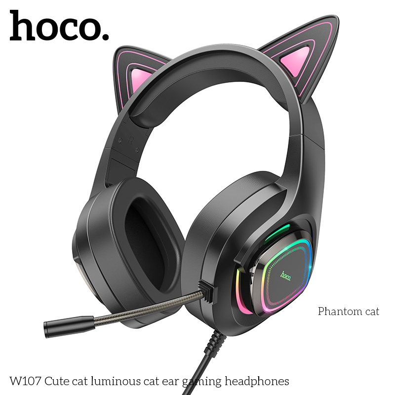 Tai nghe có dây 3.5 Headphone Chụp tai Gaming HOCO W107 tai mèo phát sáng hình chú mèo dễ thương có dây chính hãng [BH 1 NĂM]
