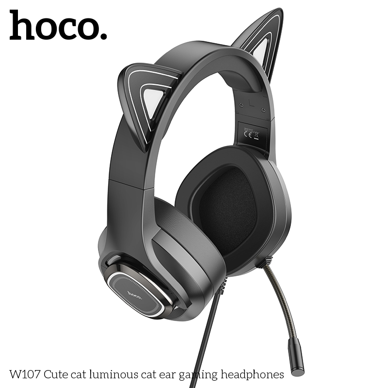 Tai nghe có dây 3.5 Headphone Chụp tai Gaming HOCO W107 tai mèo phát sáng hình chú mèo dễ thương có dây chính hãng [BH 1 NĂM]