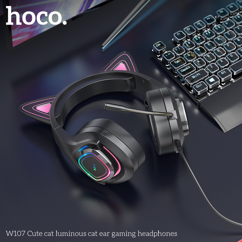 Tai nghe có dây 3.5 Headphone Chụp tai Gaming HOCO W107 tai mèo phát sáng hình chú mèo dễ thương có dây chính hãng [BH 1 NĂM]