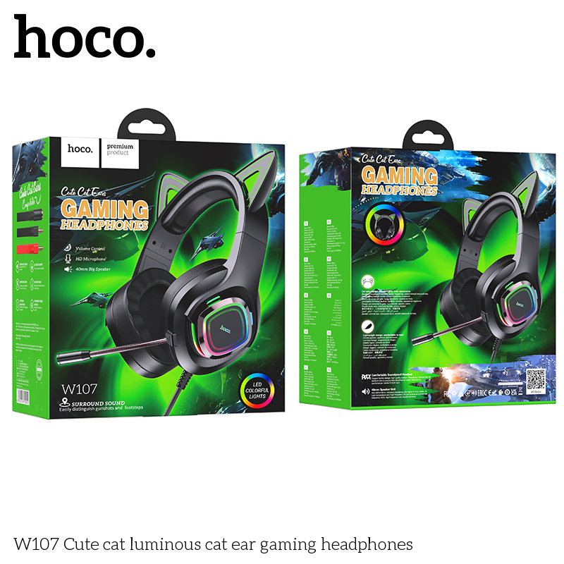 Tai nghe có dây 3.5 Headphone Chụp tai Gaming HOCO W107 tai mèo phát sáng hình chú mèo dễ thương có dây chính hãng [BH 1 NĂM]