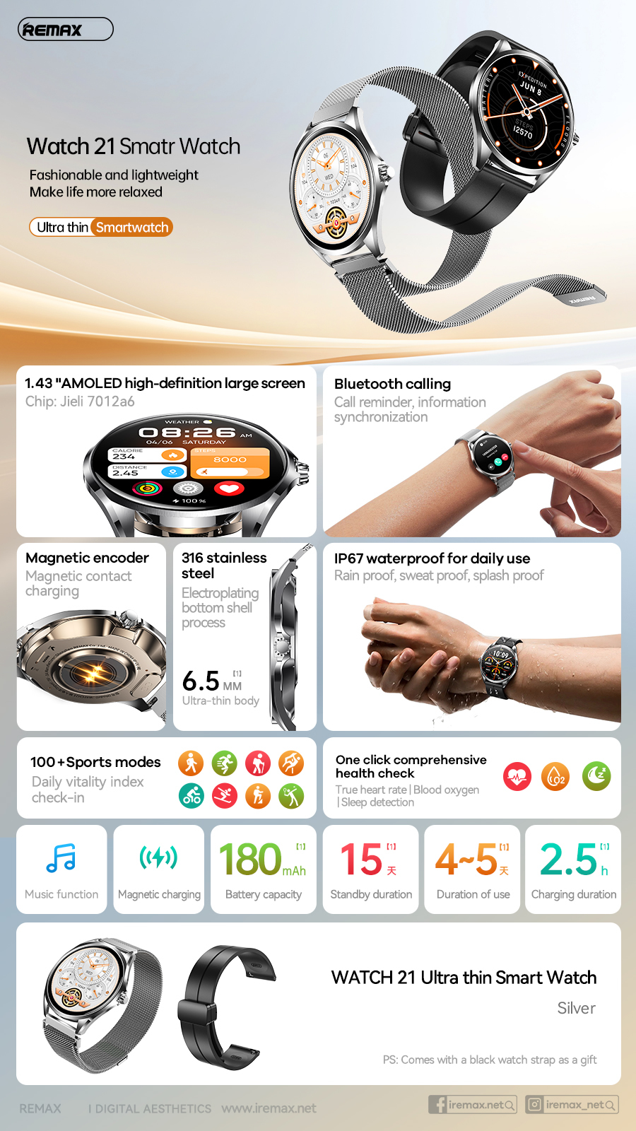 Đồng hồ thông minh REMAX Watch 21 mẫu mặt tròn dây thép siêu sang [BH 1 Năm]