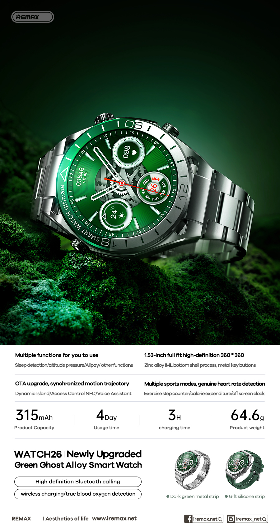 Đồng hồ thông minh REMAX Watch26 màn hình tròn 1.53inch kèm pin 315mAh mẫu mới siêu đẹp [BH 1 năm]