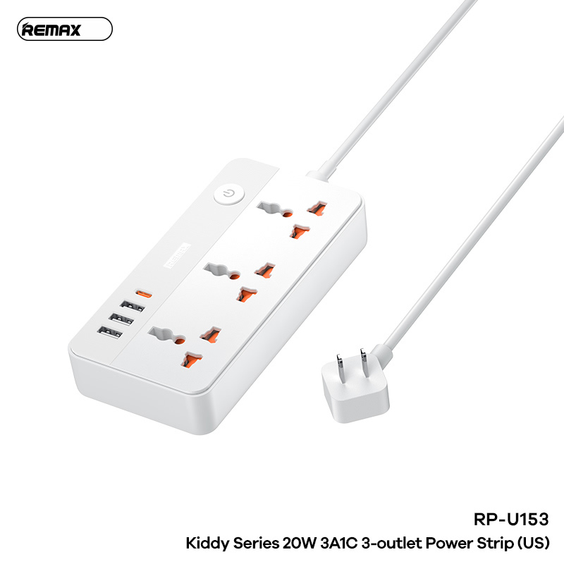 Ổ cắm điện REMAX RP-U153 (US) sạc nhanh 20w 3 cổng usb vs 1 cổng type-c vs 3 lỗ cắm 2500w dây dài 1.5m chính hãng [BH 1 năm]