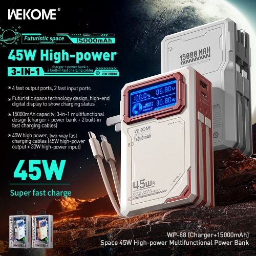 Pin sạc nhanh 45W 3in1 WEKOME WP-88 15.000mAh, có màn hình LCD hiển thị % pin, cáp liền thân, có chấu sạc ghim sạc trực tiếp tiện lợi [BH: 1 năm]