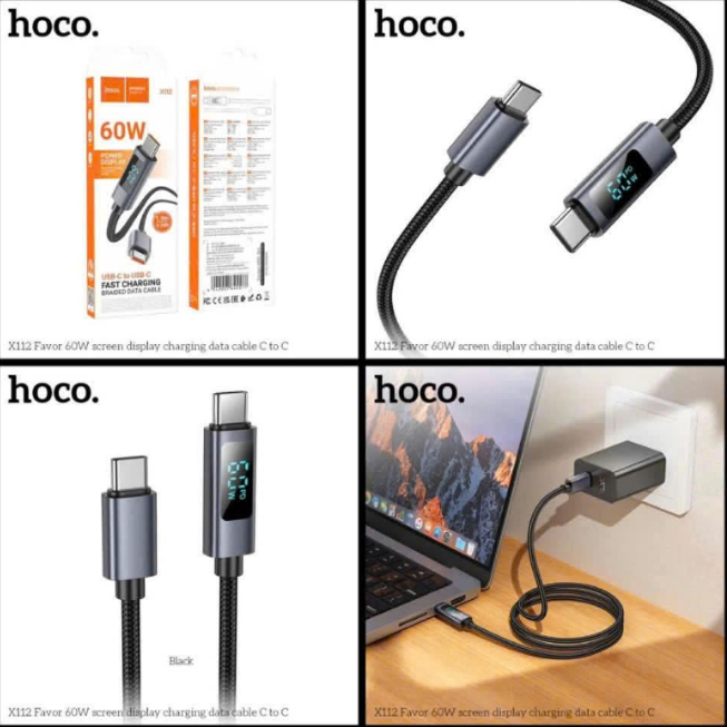 Cáp sạc nhanh 60w HOCO X112 Type C ra Type C (c-c) cáp dây dù kèm màn hình báo W siêu đẹp[BH 1 Năm]