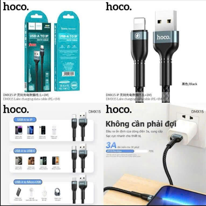 Cáp sạc nhanh 3A HOCO DM-X15 Usb ra Iphone (A-L) dây dù siêu đẹp