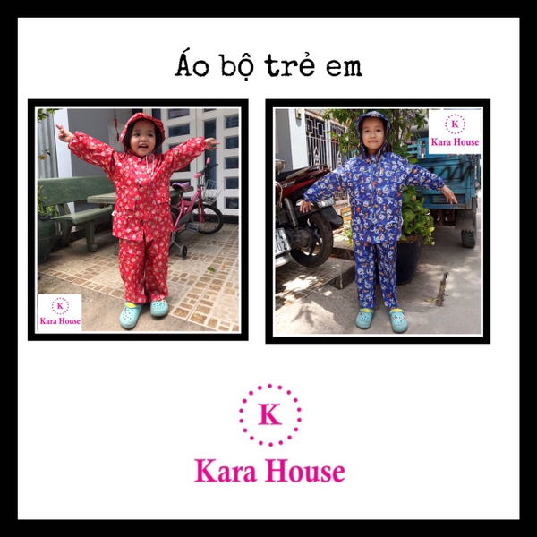 Áo mưa bộ (quần áo) trẻ em Karahouse/ CHÚC SEN size số 4 - cho bé 9-10 tuổi, (Cao 120-130cm) Áo dài 53cm, Rộng 45cm, quần 75cm , Tay áo 28cm, Nón 27cm / pktn sale